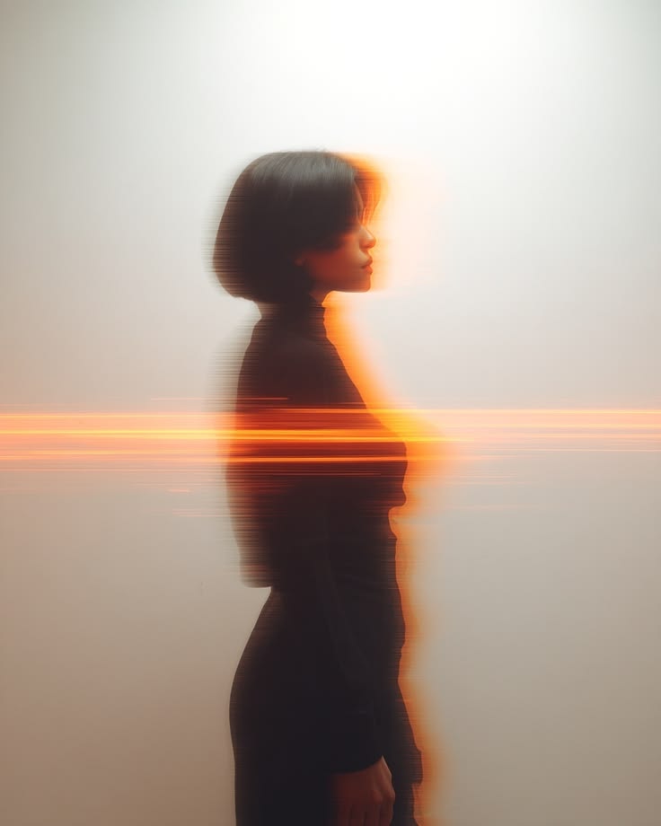 A woman with a dark bob in profile against a pale wall, an orange streak of light cutting through her silhouette.
