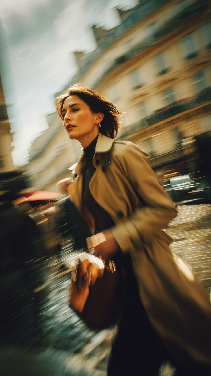 A woman in a camel trench coat hurries along a Paris street, the buildings behind her streaked by motion.
